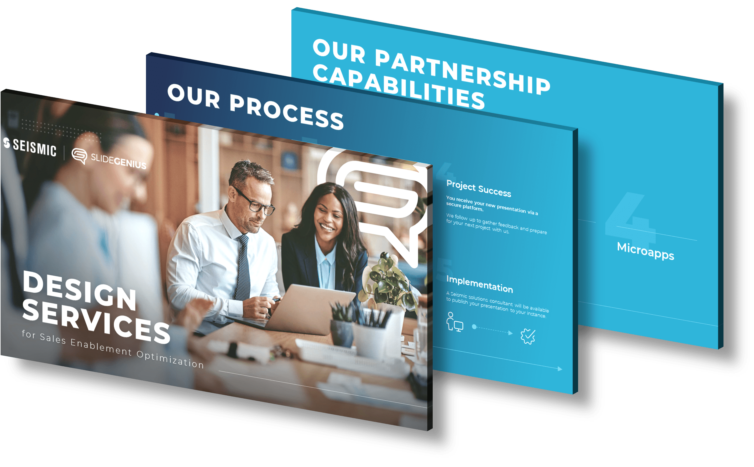 Three overlapping slides are displayed. The first slide reads "Design Services for Sales Enablement." The second slide has "Our Process for Sales Enablement." The third features our partnership with Seismic, "and Tiled Microapps